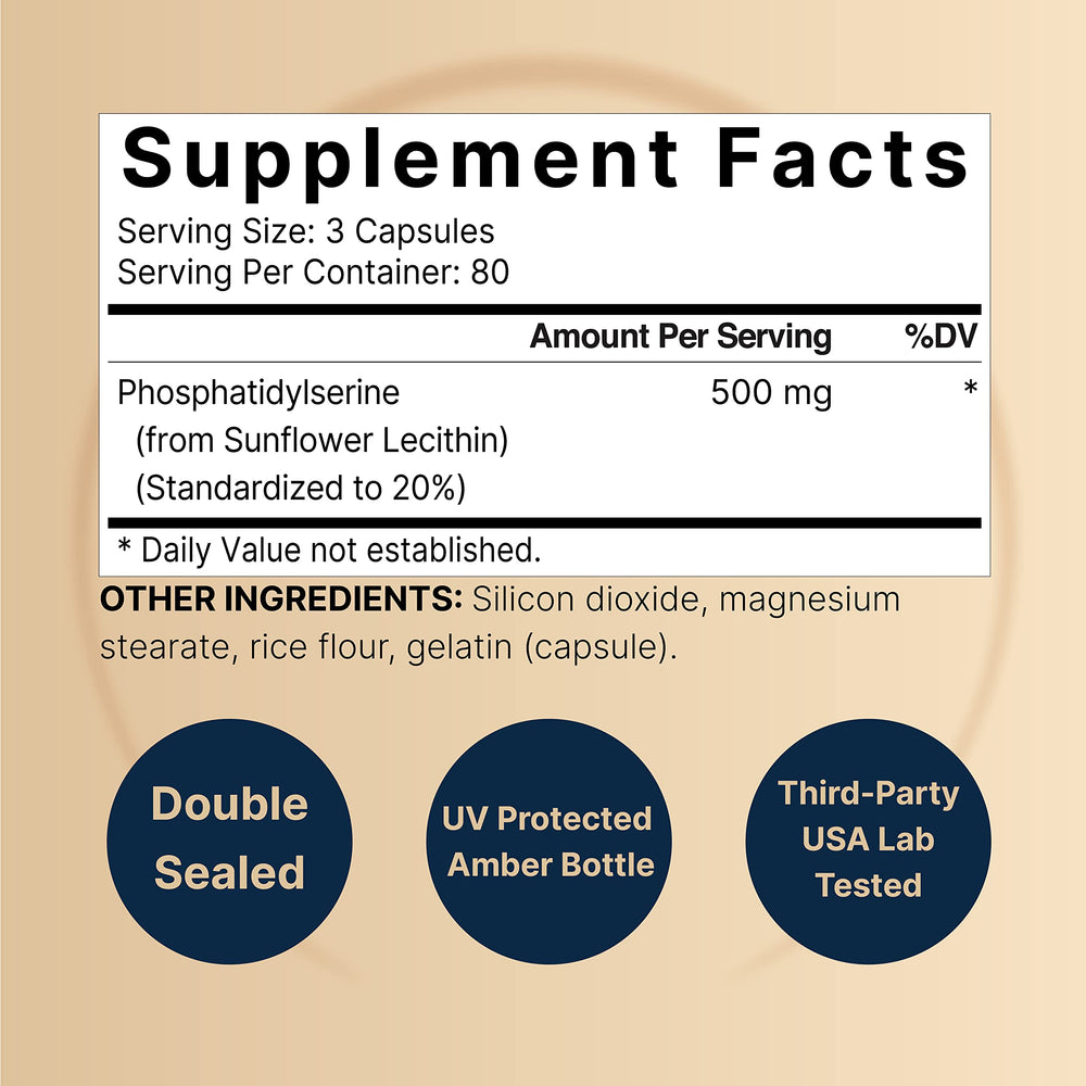 Phosphatidylserine capsules showing 3 capsules per serving.