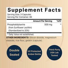 Phosphatidylserine capsules showing 3 capsules per serving.