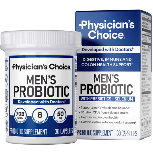 Front of Physician's Choice Probiotics for Men bottle showing 70B CFU and 8 strains
