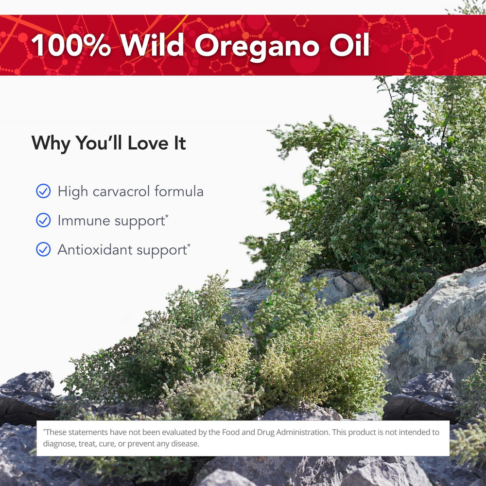 OregaWild bottle label highlighting 100% wild oregano oil and servings