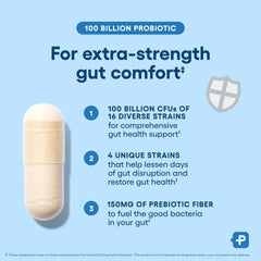 Graphic highlighting gut health benefits: supports occasional constipation, diarrhea, gas and bloating