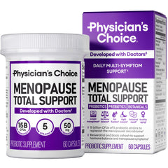 Physician's CHOICE menopause probiotic bottle on a clean surface promotes daily balance.