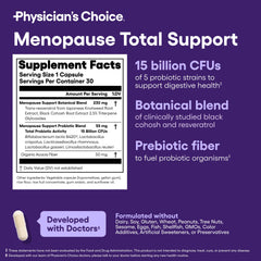 Physician's CHOICE Menopause Probiotic capsules close-up, highlighting convenient daily dose for symptom support.