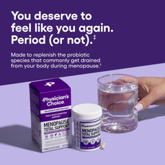 Physician's CHOICE Menopause Probiotic ingredients include black cohosh and resveratrol for balanced wellness.