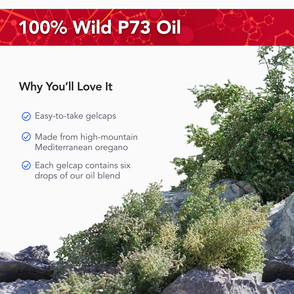 P73 oregano oil product label and branding