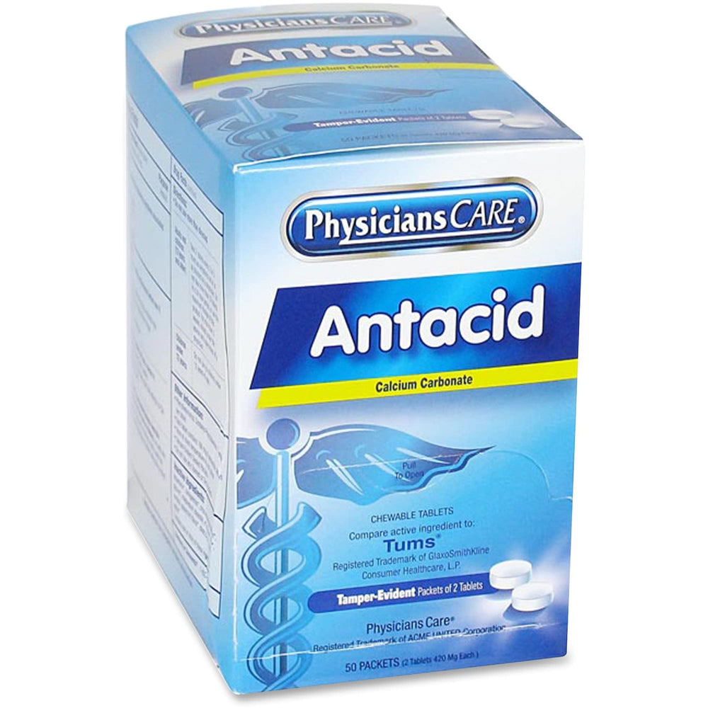 Boxed PhysiciansCare antacid with two-tablet doses ready for first aid kits.