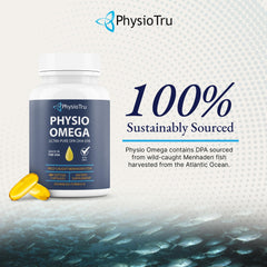 PhysioTru Omega bottle label showing non-GMO, gluten-free, soy-free features