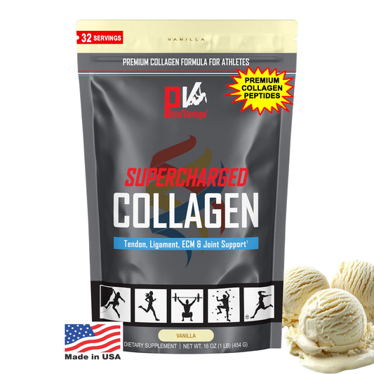 Front view of PhysiVantage Supercharged Collagen Peptides Vanilla 16oz pouch