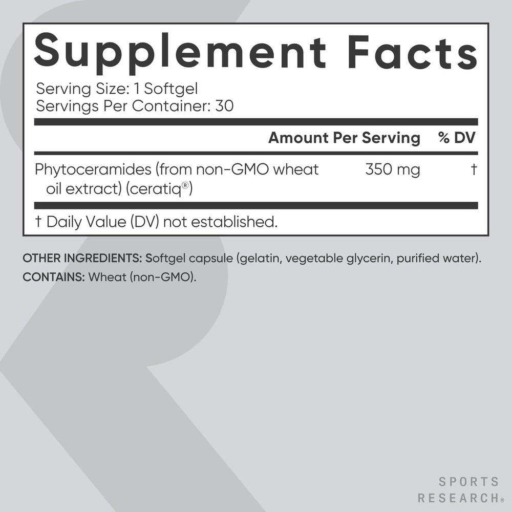 Close-up of Phytoceramides 350mg label with Ceratiq