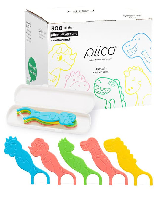 Piico Kids Floss Picks in a colorful dinosaur design with travel case