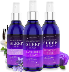 Three-bottle Pillow Sleep Spray kit for deep sleep with lavender, vanilla, and rose scents