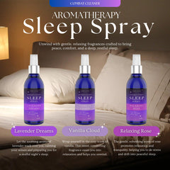 Pack of 3 calming sleep spray bottles with lavender, vanilla, and rose scents by Combat Cleaner