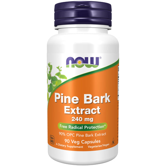 NOW Foods Pine Bark Extract 240 mg bottle label with 90% OPC