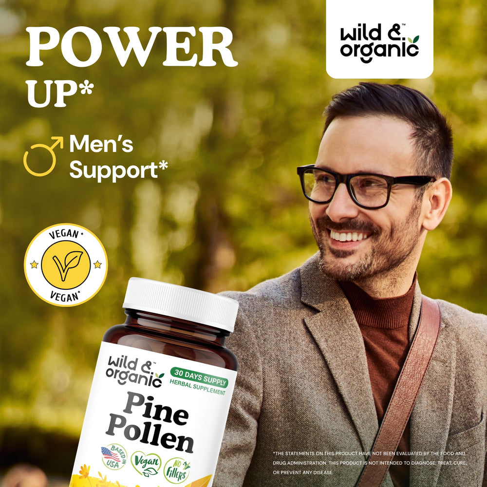 Pine pollen capsules close-up showing 1000 mg per serving