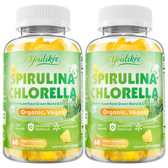 Two-pack packaging of organic spirulina and chlorella gummies