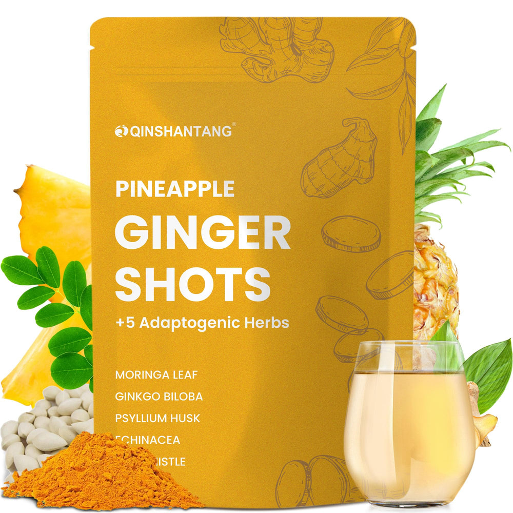 Bottle of Pineapple Ginger Shots with ginger, turmeric, and pineapple ingredients