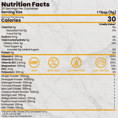 Close-up of ingredients: ginger powder, turmeric powder, pineapple powder, and coconut water powder