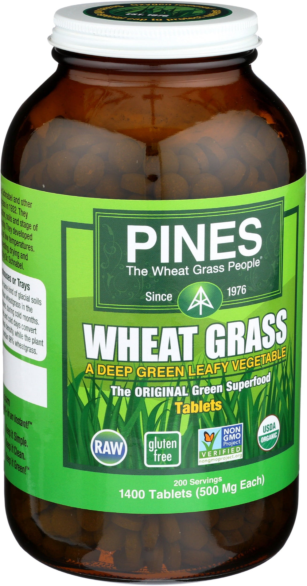 Close-up of Pines Organic Wheat Grass Tablets