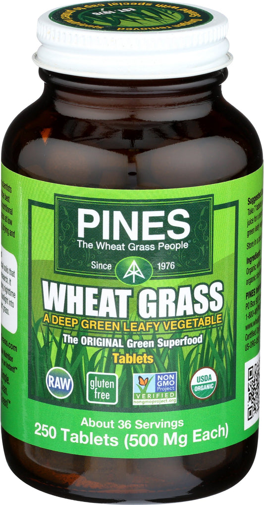 PINES Organic Wheat Grass tablets – front view with bottle