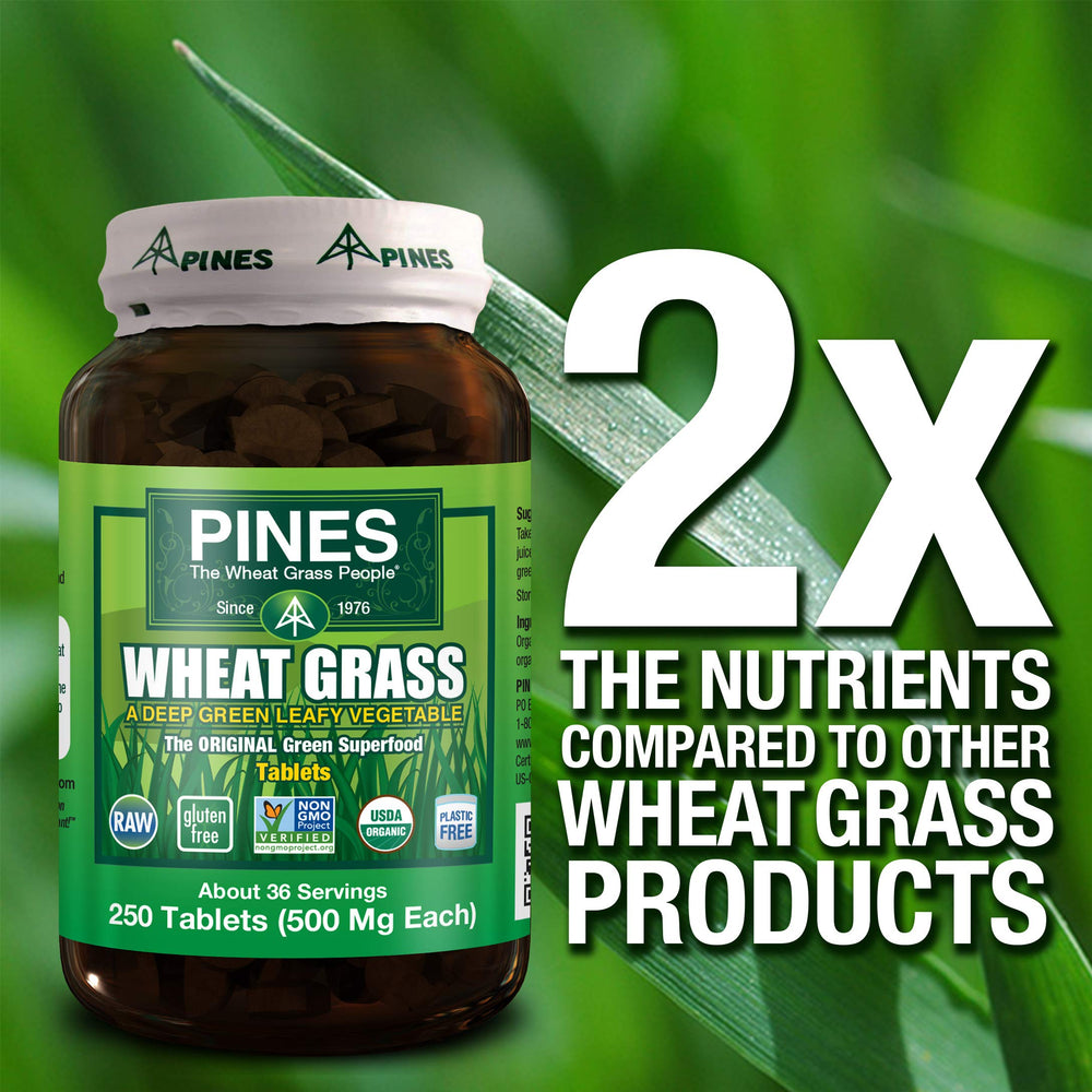 PINES Organic Wheat Grass label with nutrition facts