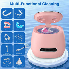 Pink color compact dental cleaner for jewelry and toothbrush