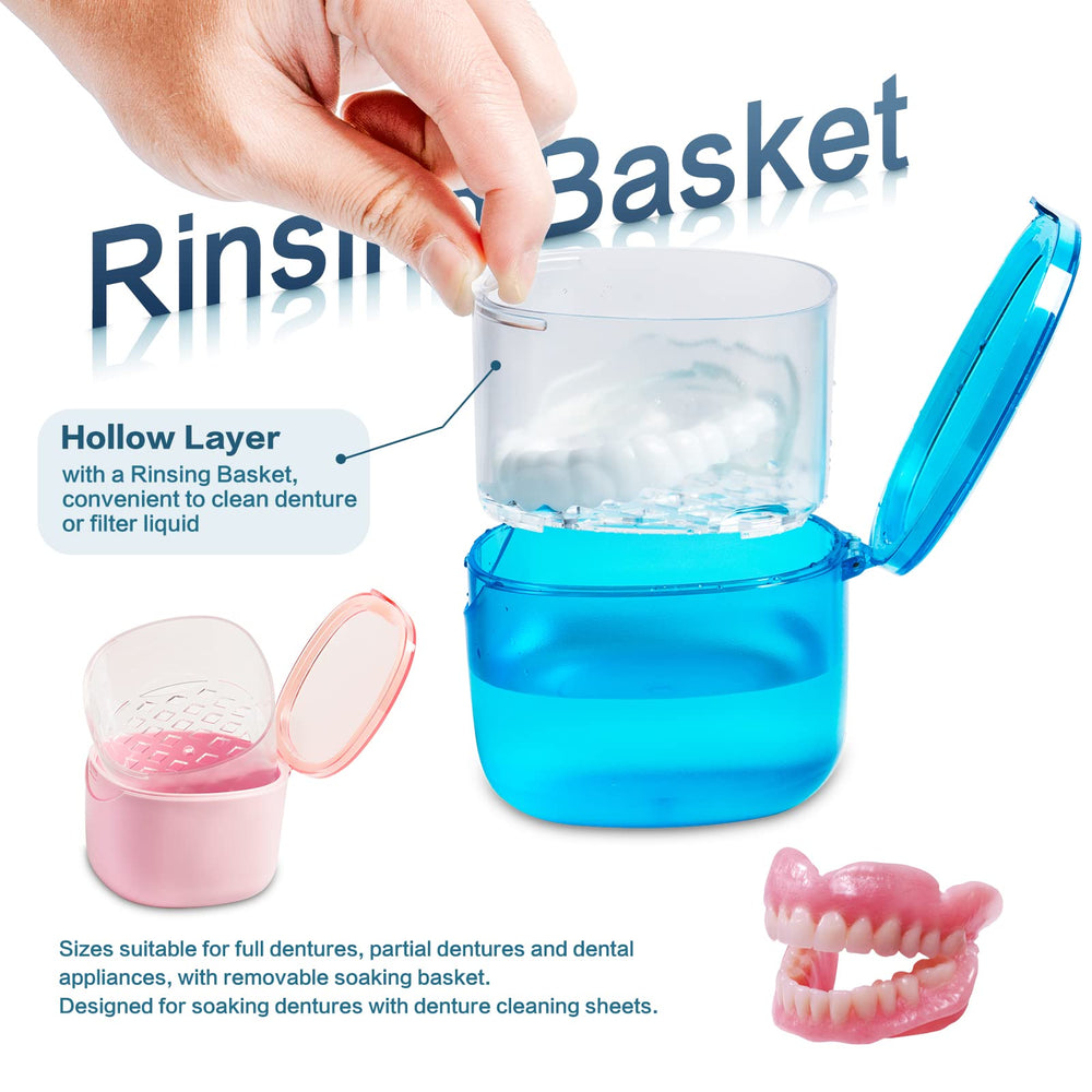 Rinsing basket inside pink denture case