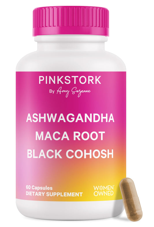 Pink Stork ashwagandha-maca-black-cohosh bottle supports hormone balance.