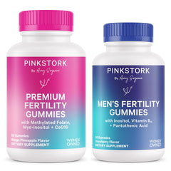 Hero image of Pink Stork His and Hers Fertility Gummies Bundle featuring both women's and men's gummies