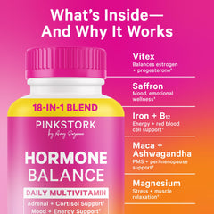 Close-up of Pink Stork Hormone Balance label showing 18-in-1 formula