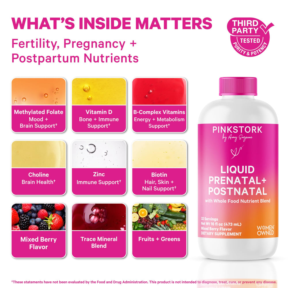 Pink Stork Liquid Prenatal berry flavor mixed into a drink for daily use.