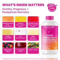 Pink Stork Liquid Prenatal berry flavor mixed into a drink for daily use.