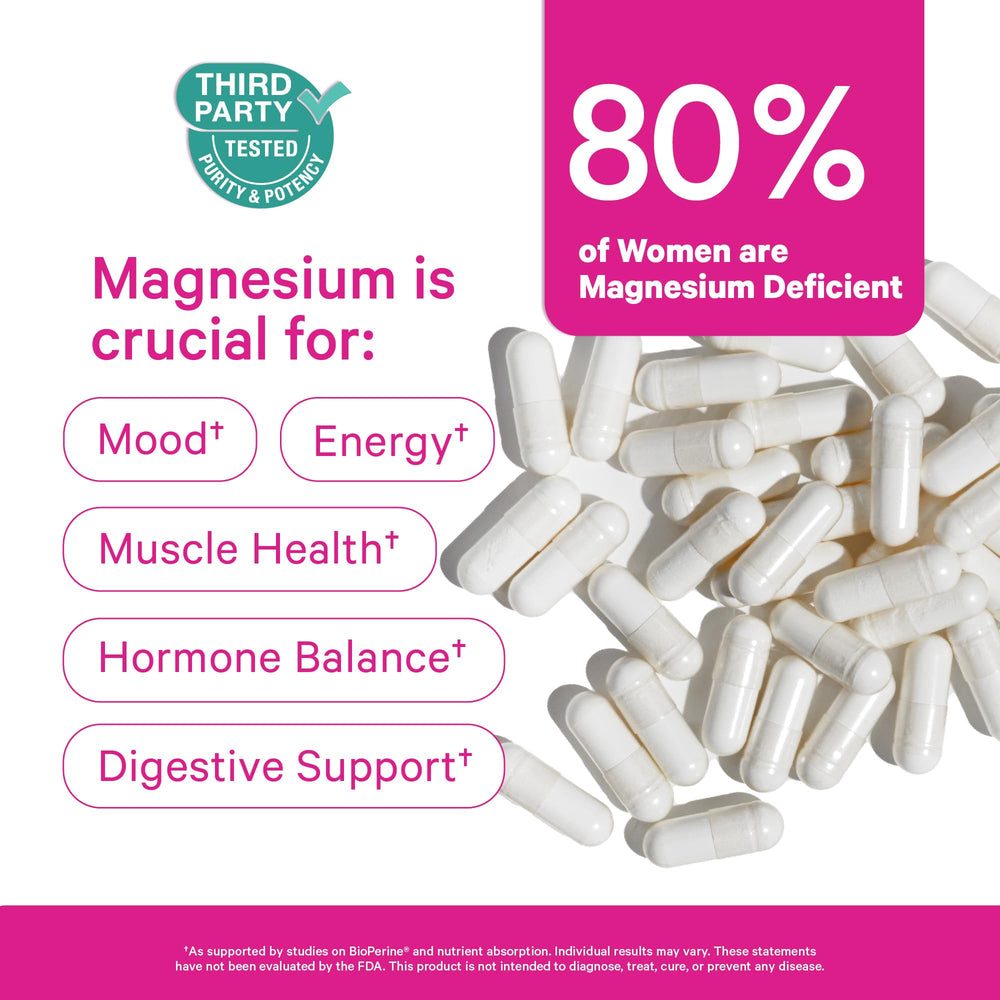 Front view of Pink Stork Magnesium Glycinate Berry Essence bottle