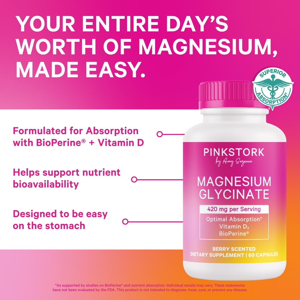 Close-up of the bottle label on Pink Stork Magnesium Glycinate Berry Essence
