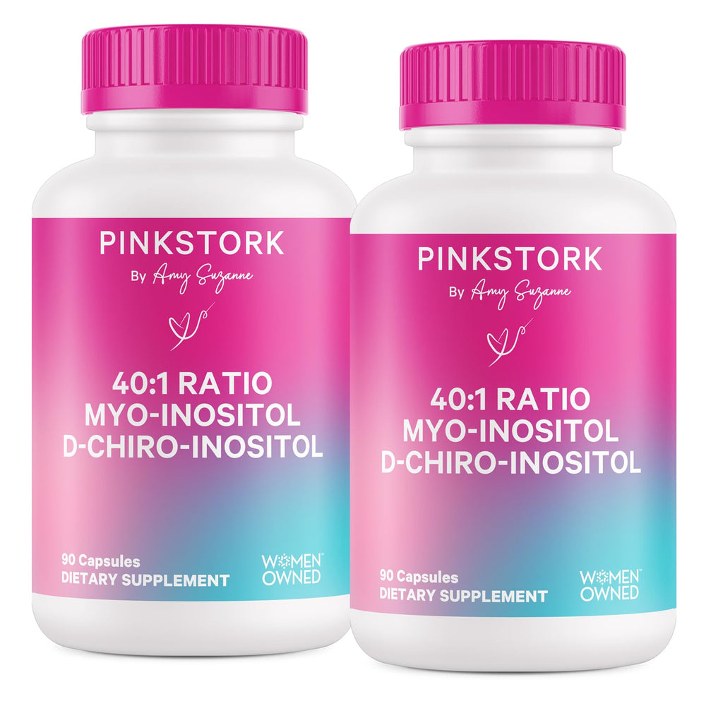 Front view of Pink Stork Myo-Inositol & D-Chiro Inositol 40:1 supplement bottle