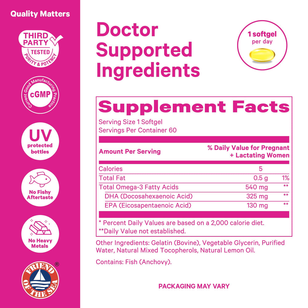 Nutritional information panel on Pink Stork Omega-3 bottle