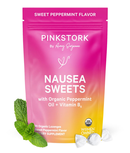 Pink Stork Peppermint Sweets packaging signals on-the-go relief.