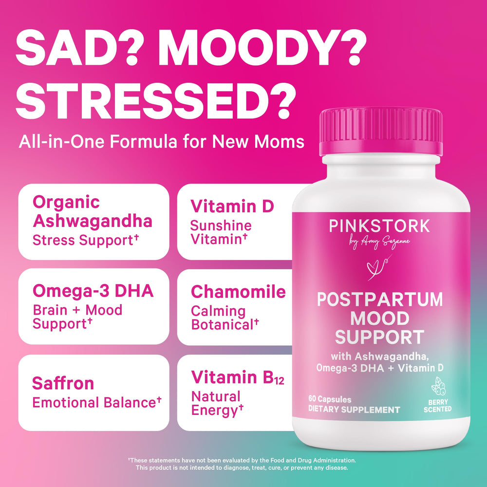 Close-up of Pink Stork Postpartum Mood Support label