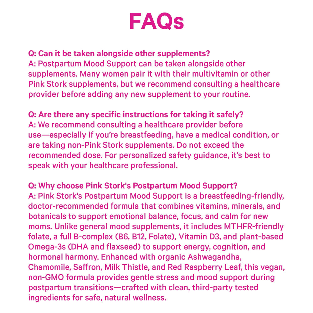 Pink Stork logo with Postpartum Mood Support product