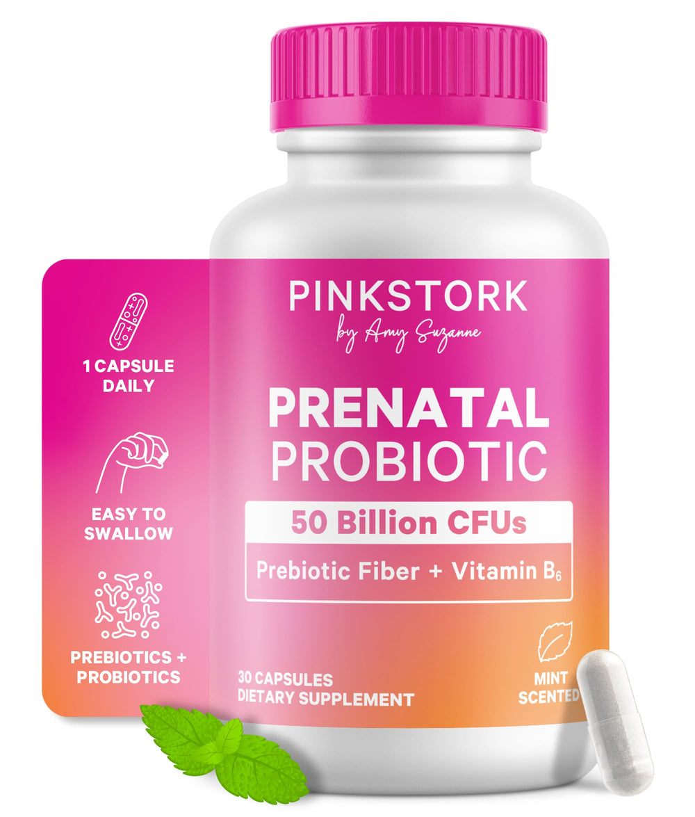 Pink Stork Prenatal Probiotic bottle on white background