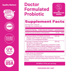 Pink Stork Prenatal Probiotic with inulin prebiotic fiber illustrates gut balance support.