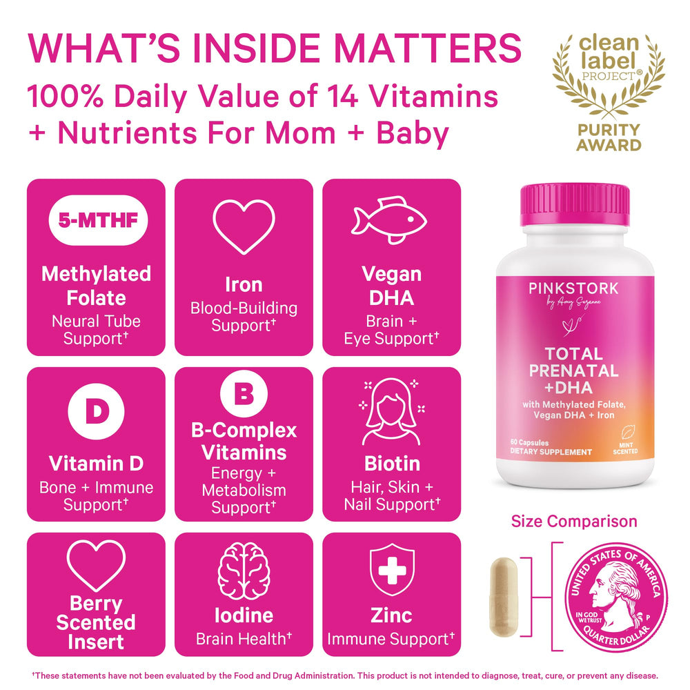Close-up of Pink Stork Total Prenatal bottle and capsules