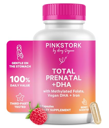 Bottle of Pink Stork Total Prenatal Vitamins with DHA Berry Essence