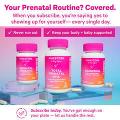 Diagram highlighting DHA, folate, choline and iron in Pink Stork Prenatal