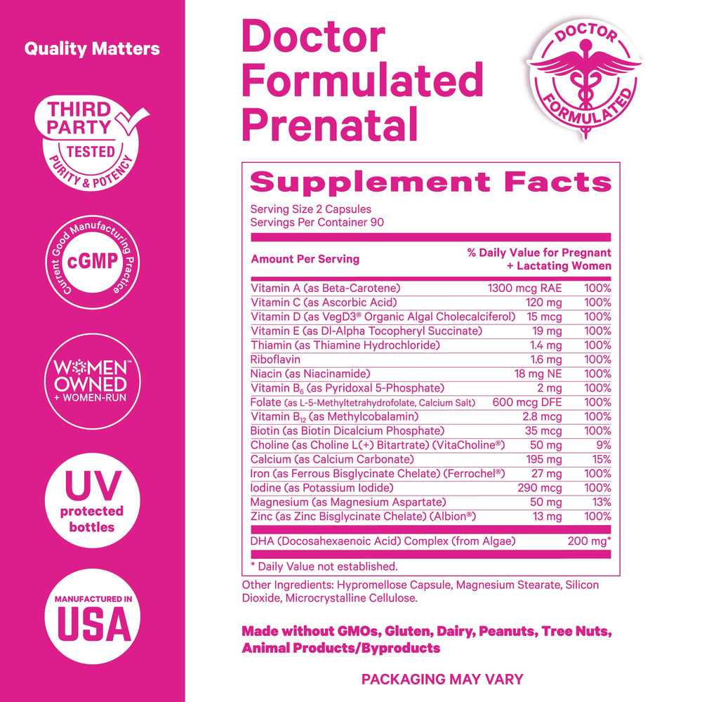 Ingredients list including methylfolate, choline, iron, and zinc