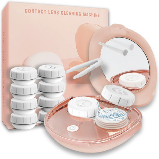 Pink ultrasonic contact lens cleaner in a compact travel case