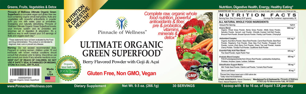 Nutrition facts label for Pinnacle of Wellness Berry Green Superfood Powder