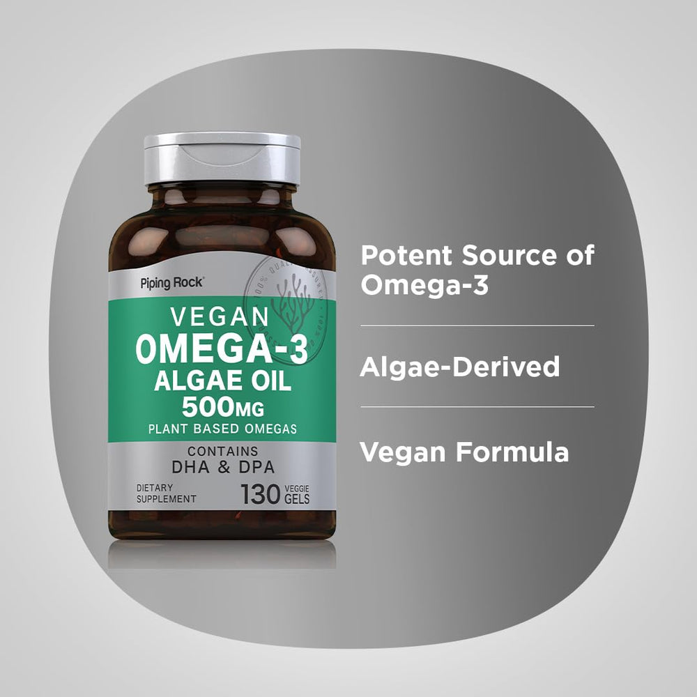 Piping Rock label detail showing algae-derived and non-GMO benefits