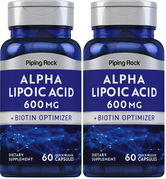 Bottle of Piping Rock Alpha Lipoic Acid 600mg with Biotin Optimizer, 60 capsules, pack of 2