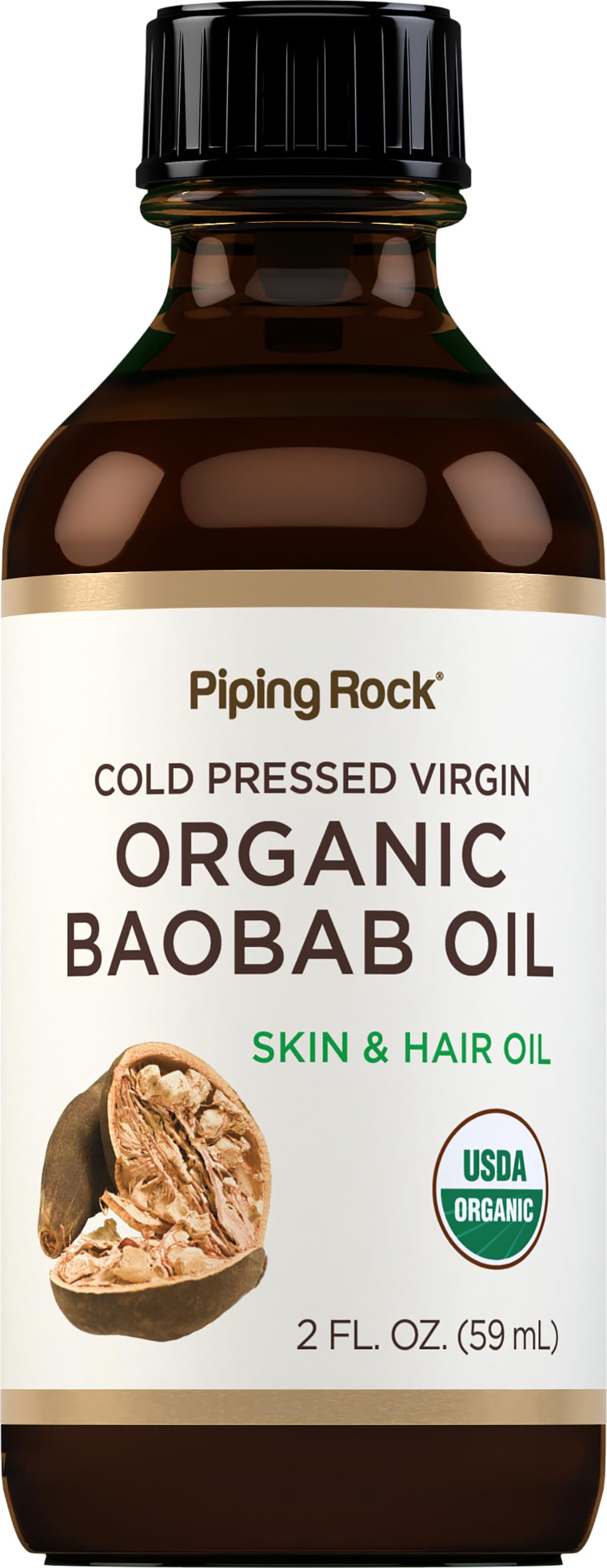 Piping Rock baobab oil front packaging showing label and organic seal for confidence