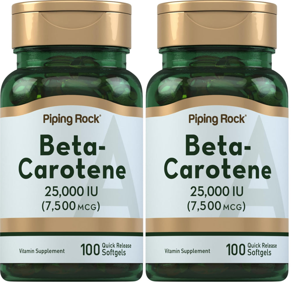 Front view of Piping Rock Beta Carotene Softgels bottle showing 25,000 IU per softgel
